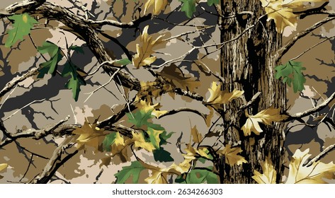 Vector hunting camouflage pattern. Seamless pattern. Camouflage background. Forest texture. Jungle pattern. Digital camouflage. Abstract. Real tree pattern.