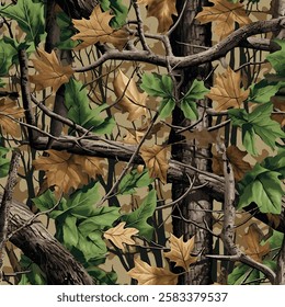 Vector hunting camouflage seamless pattern design. Camouflage background. Deer hunting, forest, jungle texture. Realistic tree seamless pattern. Digital camouflage 