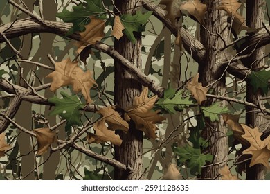 Vector hunting camouflage seamless pattern design. Camouflage background. Deer hunting, forest, jungle texture. Realistic tree seamless pattern. Digital camouflage. 