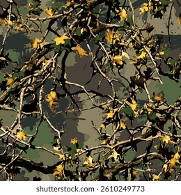Vector hunting camouflage seamless pattern design. Camouflage background. Deer hunting, forest, jungle texture. Realistic tree seamless pattern. Digital camouflage 