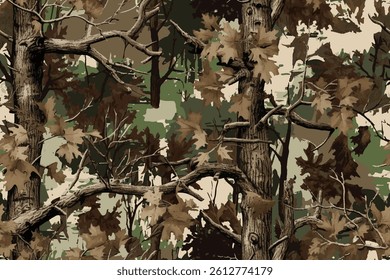 Vector hunting camouflage seamless pattern design. Camouflage background. Deer hunting, forest, jungle texture. Realistic tree seamless pattern. Digital camouflage