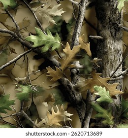 Vector hunting camouflage seamless pattern design. Camouflage background. Deer hunting, forest, jungle texture. Realistic tree seamless pattern. Digital camouflage