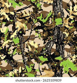 Vector hunting camouflage seamless pattern design. Camouflage background. Deer hunting, forest, jungle texture. Realistic tree seamless pattern. Digital camouflage