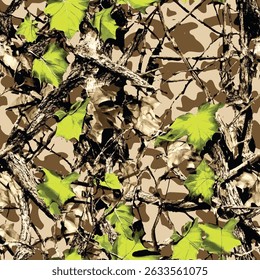 Vector hunting camouflage seamless pattern design. Camouflage background. Deer hunting, forest, jungle texture. Realistic tree seamless pattern. Digital camouflage