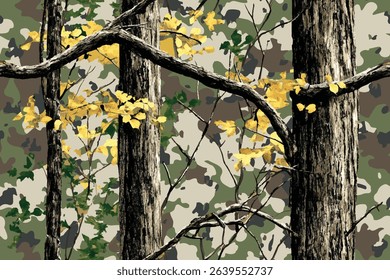 Vector hunting camouflage seamless pattern design. Camouflage background. Deer hunting, forest, jungle texture. Realistic tree seamless pattern. Digital camouflage