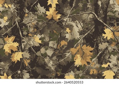 Vector hunting camouflage seamless pattern design. Camouflage background. Deer hunting, forest, jungle texture. Realistic tree seamless pattern. Digital camouflage
