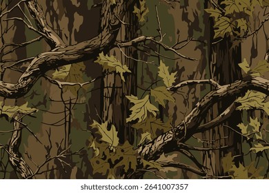 Vector hunting camouflage seamless pattern design. Camouflage background. Deer hunting, forest, jungle texture. Realistic tree seamless pattern. Digital camouflage.