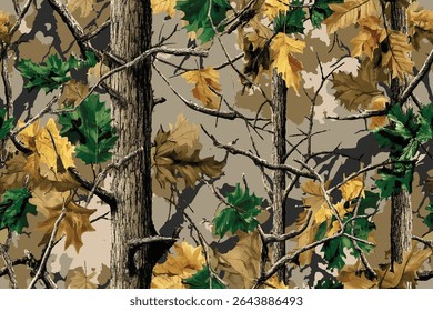 Vector hunting camouflage seamless pattern design. Camouflage background. Deer hunting, forest, jungle texture. Realistic tree seamless pattern. Digital camouflage