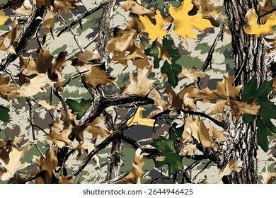 Projeto de padrão sem emenda de camuflagem de caça ao vetor. Fundo de camuflagem. Caça de veados, floresta, textura de selva. Padrão contínuo de árvore realista. Camuflagem digital