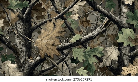 Vector hunting camouflage seamless pattern design. Camouflage background. Deer hunting, forest, jungle texture. Realistic tree seamless pattern. Digital camouflage
