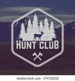 Vector Hunting Club Emblem With Grunge Texture On Mountain Landscape Background