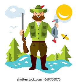Vector Hunting ducks. Flat style colorful Cartoon illustration.