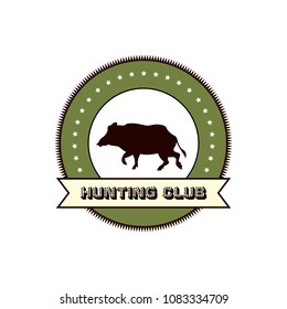 Vector hunting emblem with hand drawn wild boar silhouette. Beautiful animal design elements, ink drawing.