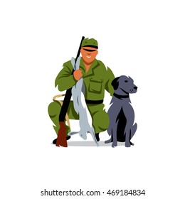 Vector Hunting. Hunter with prey. Cartoon Illustration. Man with rabbit in hands and dog. Unusual Logo template isolated on a white background