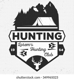 Vector hunting logo, camping label. Illustration of hunting and outdoor adventure vintage logos, emblems, silhouettes and design elements for different projects, invitations