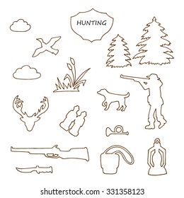 Vector Hunting set. Hand drawn doodle hunting equipment