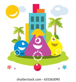Vector Hunting for virtual creatures concept. Abstract mobile game. Flat style colorful Cartoon illustration.