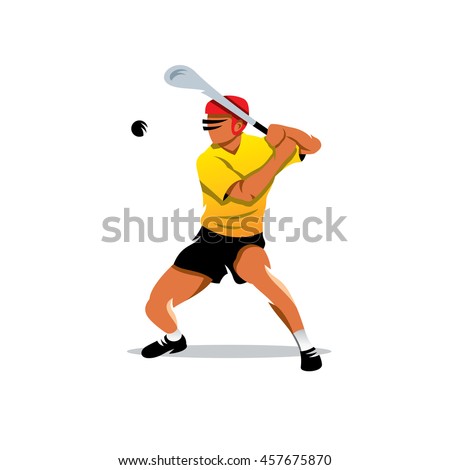 Vector hurling player Cartoon Illustration. Man in the helmet hits the ball with a club. Unusual Logo template isolated on a white background