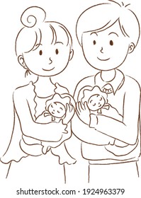 vector Husband and wife carry new born baby twins
