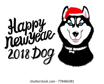 Vector Husky in the cap of santa. Symbol of the year dog. Happy New Year. Isolated illustration on white background.