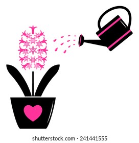 vector hyacinth in pot and watering can isolated on white background