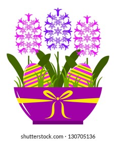 vector hyacinths and easter eggs in pot isolated on white background