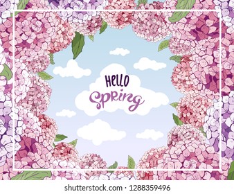 vector Hydrangea flower. blossom for 8 March, wedding, Valentine's Day, Mother's Day, sales, seasonal events. Summer Floral Greeting Card. Hand drawing. circular frame, place for text. sky clouds