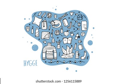 Vector hygge concept. Collection of  symbols of comfort in doodle style. Set of warm clothes and cozy elements.