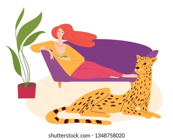Vector hygge illustration with jungle atmosphere with a wild cat and  a woman sitting on a sofa and reading a book with home plants. 