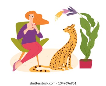 Vector hygge illustration with jungle atmosphere with a jaguar and  a womal sitting on an armchair and reading a book with home plants. 