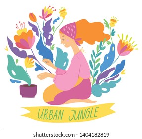 Vector hygge illustration with jungle atmosphere with a woman planting flowers and urban jungle lettering