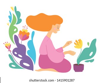 Vector hygge illustration with jungle atmosphere with a woman planting. Flower decoration.