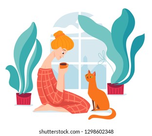 Vector hygge illustration with a woman drink coffee with her cat. Have a rest illustration. 