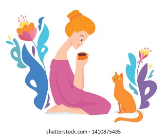 Ilustración vectorial con una mujer que bebe café con su gato. Tengan una ilustración de descanso con decoración floral. 