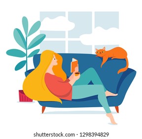 Vector hygge illustration with a woman sitting on a sofa and reading a book. Love reading books design 