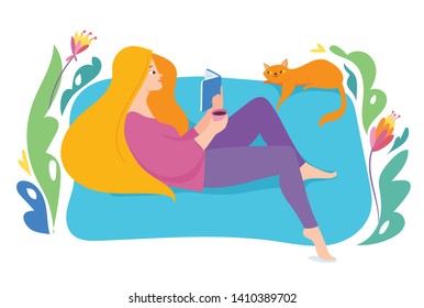 Vector hygge illustration with a woman sitting on a sofa and reading a book with a cat. Love reading books design with floral decoration