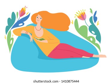 Vector hygge illustration with a woman sitting on a sofa and reading a book. Love reading books design with floral decoration
