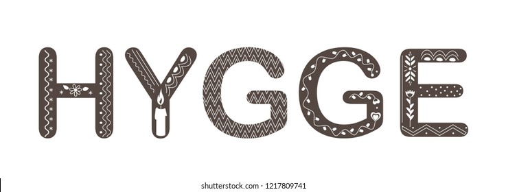 Vector Hygge lettering. Text with doodle ornament in Scandinavian style.