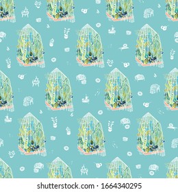 Vector hygge lifestyle exotic greenhouse halfdrop pattern with plants, glasshouse, garden utensil on blue background. Happy cozy tropical plant design. Perfect for garden and plant lovers.