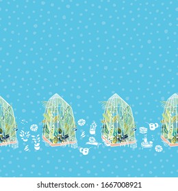Vector hygge lifestyle exotic greenhouse boder with plants, glasshouse, garden utensil on blue dotted background. Happy cozy tropical plant design. Perfect for garden and plant lovers.