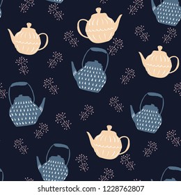 Vector hygge textile or wrapping seamless pattern with hand drawn teapots, cups and flowers. Sweet home, cosy winter illustration.