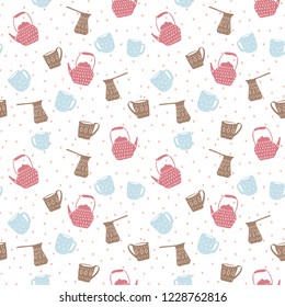 Vector hygge textile or wrapping seamless pattern with hand drawn teapots, cups and flowers. Sweet home, cosy winter illustration.