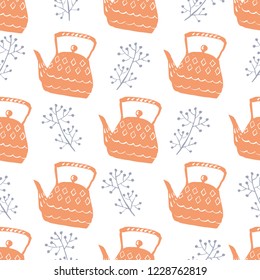 Vector hygge textile or wrapping seamless pattern with hand drawn teapots, cups and flowers. Sweet home, cosy winter illustration.