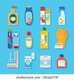 Vector hygiene and cleaning products flat icons. Cleaner and toilet paper, toothpaste and deodorant