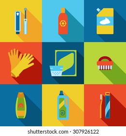 Vector hygiene and cleaning products flat icons.