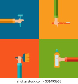 Vector hygiene and cleaning products flat icons. Cleaner and toilet paper, toothpaste and deodorant