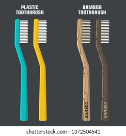 Vector hygiene icon set of toothbrushes. Plastic and bamboo toothbrushes. Illustration of wooden bamboo toothbrushes in flat minimalism line style.