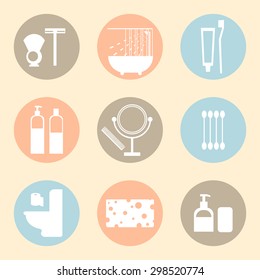 Vector hygiene products flat icons. Cleaner and toilet paper, toothpaste and mirror