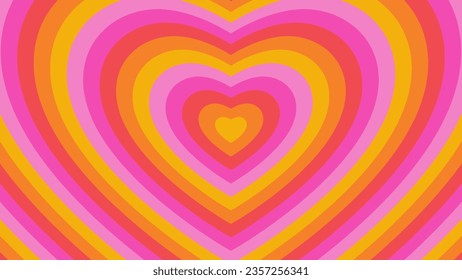 Vector hypnotic heart shape tunnel. Groovy style caramel psychedelic concentric hearts backrop. Colorful vintage love wallpaper. Cool 70s nostalgia banner. Cute retro abstract y2k Valentine background