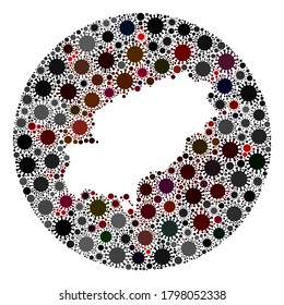 Vector Ibiza Island map collage of coronavirus. Infection attacks the quarantine territory from outside. Stencils round Ibiza Island map collage created with infection parts.